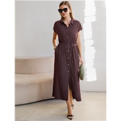 Длинное платье-рубашка с поясом и разрезами изо льна с вискозой