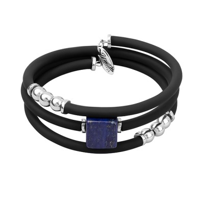 Браслет Терра (агат, лазурит 13х13мм, каучук черный; покрытие родий), Есть комплект