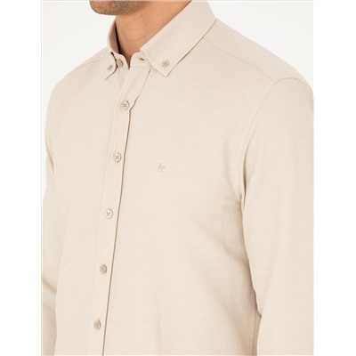 Bej Slim Fit Uzun Kollu Gömlek
