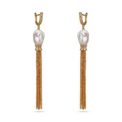 Серьги Барокко (жемчуг белый 20мм, белый фианит; покрытие золото), Есть комплект