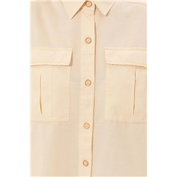 Kadın Ekru Keten Görünümlü Uzun Kollu Gömlek