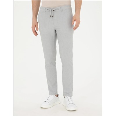Gri Slim Fit Gofre Bağcıklı Kanvas Pantolon