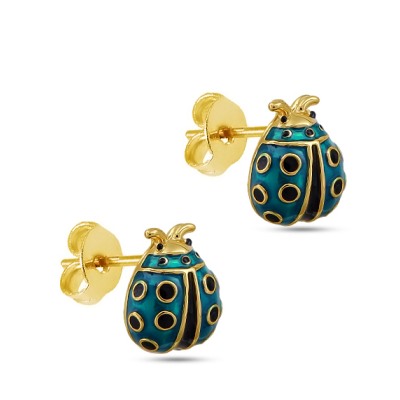 Пусеты Божья коровка (эмаль изумрудная, черная; покрытие золото), Есть комплект