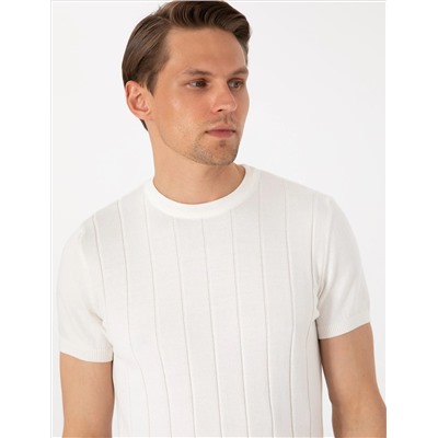 Ekru Slim Fit %100 Pamuk Bisiklet Yaka Triko Tişört