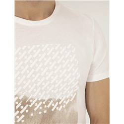 Ekru Slim Fit Baskılı Bisiklet Yaka Tişört