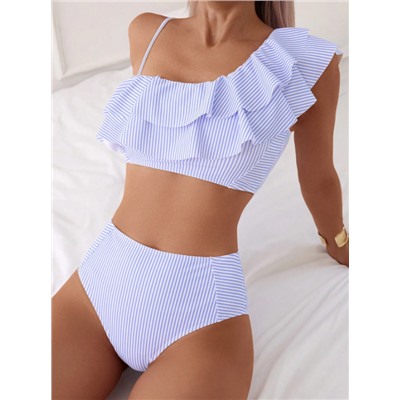 Swim Basics Women's Stripe Ruffled Trim Bikini Set For Summer Beach Vacation Holiday
