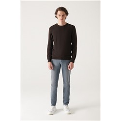 Kahverengi Bisiklet Yaka Önü Dokulu Pamuklu Triko Kazak