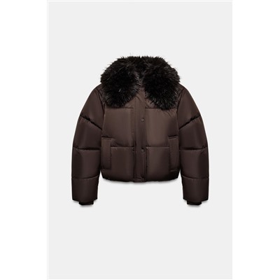 PUFFER BOMBER JACKET WITH FAUX FUR LAPEL