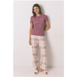 Pijama largo algodón estampado cuadros rosa