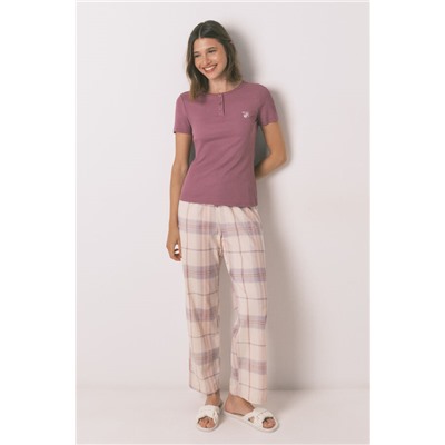 Pijama largo algodón estampado cuadros rosa