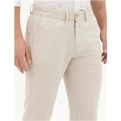 Bej Slim Fit Keten Karışımlı Kanvas Pantolon