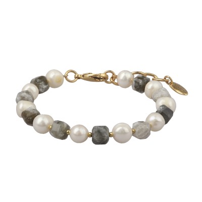 Браслет Селена (спектролит, жемчуг; покрытие золото) 17-20см, Есть комплект