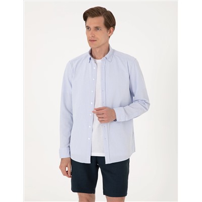 Açık Mavi Slim Fit Çizgili Uzun Kollu Gömlek
