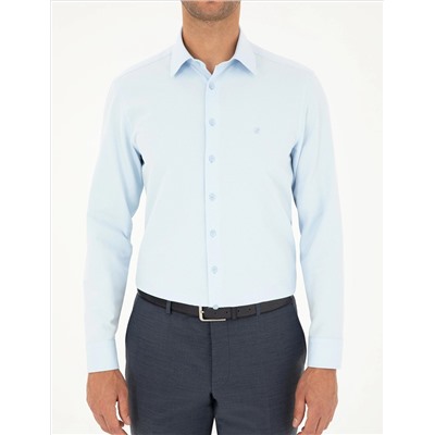 Açık Mavi Slim Fit Armürlü Uzun Kollu Gömlek