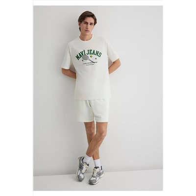 Mavi Tenis Logo Baskılı Ekru Tişört Loose Fit / Bol Rahat Kesim 0612708-70057