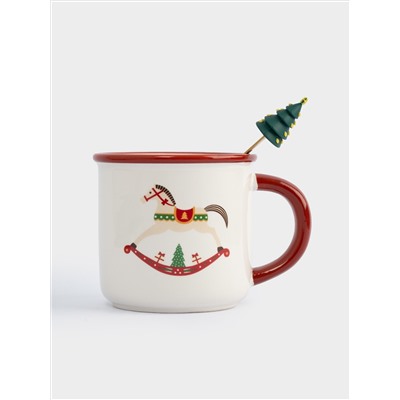 Кружка, 470 мл, с ложкой, керамика D/сталь, красная, Елка/Лошадка-качалка, Bright horse