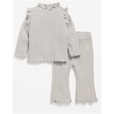 Cozy Long-Sleeve Ribbed Ruffle-Trim Top and Pants Set for Baby