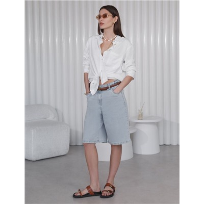 Свободная удлиненная блузка с карманом изо льна с вискозой