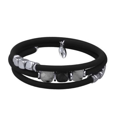 Браслет Терра (кварц серый 8мм, каучук черный; покрытие родий), Есть комплект