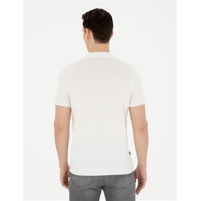 Beyaz Slim Fit Fermuarlı Polo Yaka Triko Tişört