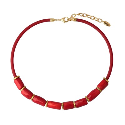Колье Терра (коралл 10х15мм красный, каучук красный; покрытие золото) 40-45см, Есть комплект