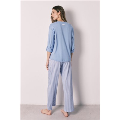 Pijama largo algodón pantalón rayas azul