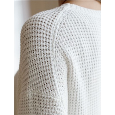 Укороченный джемпер с широкими рукавами рельефной вязки из хлопка с акрилом