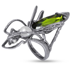 Кольцо Кузнечик (кристаллы SW зеленые, Майорка; покрытие античное серебро), Есть комплект