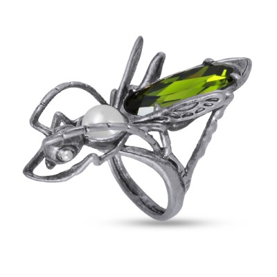 Кольцо Кузнечик (кристаллы SW зеленые, Майорка; покрытие античное серебро), Есть комплект