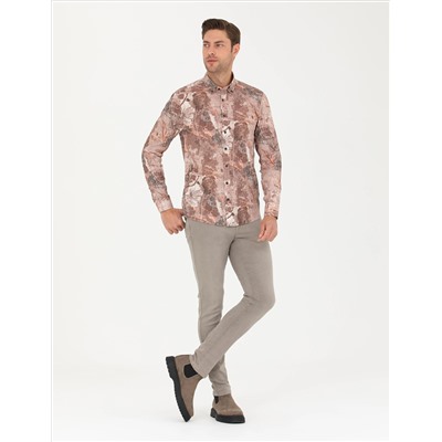 Açık Kahverengi Slim Fit Uzun Kollu Gömlek