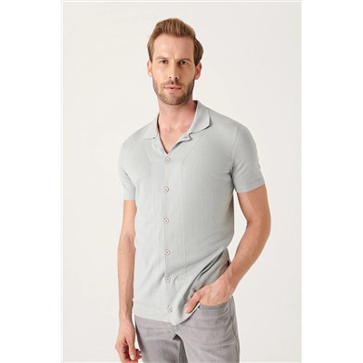 Avva Erkek Gri Küba Yaka Düğmeli Standart Fit Normal Kesim Triko T-shirt B005008