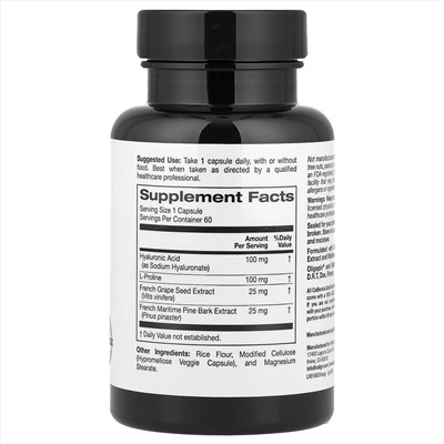California Gold Nutrition, Hyaluronic Acid Complex with L-Proline, French Grape Seed and French Maritime Pine Bark Extract, 60 Veggie Capsules