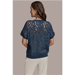 DROP SHOULDER CROCHET KNIT SWEATER