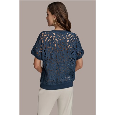 DROP SHOULDER CROCHET KNIT SWEATER