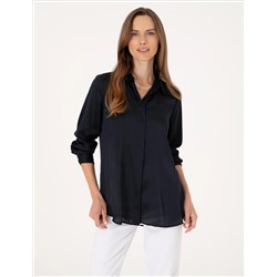 Lacivert Comfort Fit Saten Uzun Kollu Gömlek