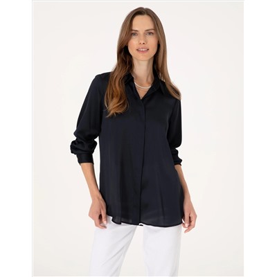 Lacivert Comfort Fit Saten Uzun Kollu Gömlek