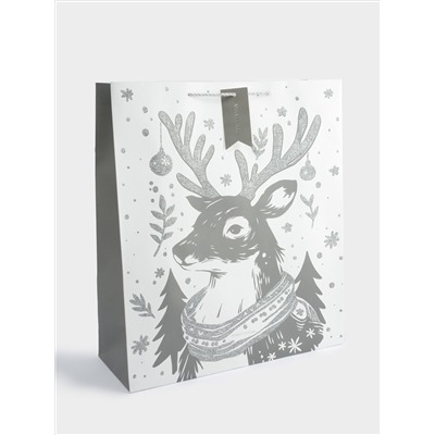 Пакет подарочный, 42х48 см, бумага, белый, Олень в шарфе, Maral grey