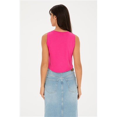 Kadın Fuşya Bisiklet Yaka Crop Basic Tişört