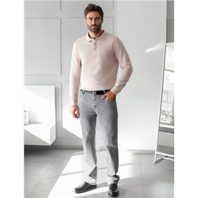 Лонгслив из мягкого фактурного трикотажа с плетеным воротником поло на пуговицах