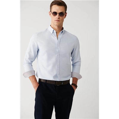 Avva Erkek Mavi Düğmeli Yaka Pamuklu Kolay Ütülenebilir Armürlü Slim Fit Dar Kesim Gömlek A32y2089 A32Y2089