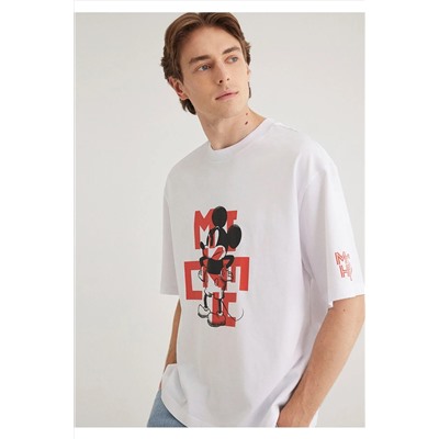 Mavi Mickey Mouse Baskılı Beyaz Tişört Boxy Fit 0612561-620