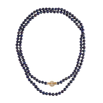 Колье (жемчуг темно-синий 7-8мм, фианит; покрытие золото) 140см