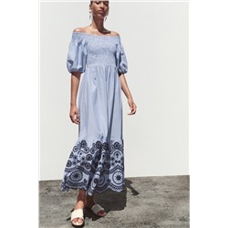 STRIPED EMBROIDERED MIDI DRESS