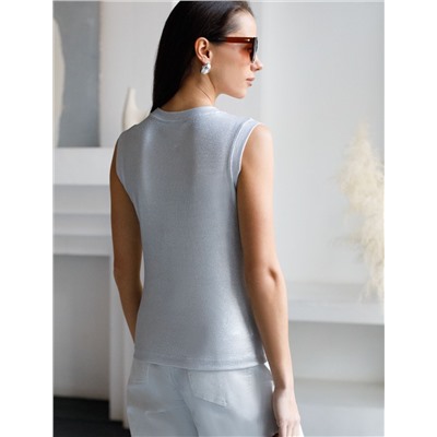 Топ с закрытым декольте из хлопка с эластаном в рубчик с матовым покрытием металлик