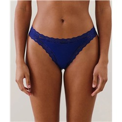 Tanga de algodón y encaje en azul