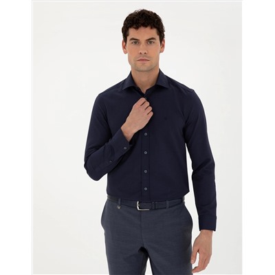 Lacivert Slim Fit Armürlü Uzun Kollu Gömlek