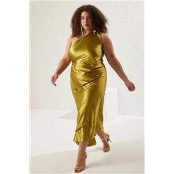 Trendyol Curve Açık Yeşil  Saten Piliseli Asimetrik Kesim Astarlı Dokuma Elbise TBBSS24AH00155