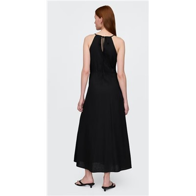 Linen-Blend Embroidered Halter Maxi Dress