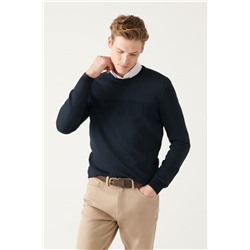 Lacivert Bisiklet Yaka Yazı Sloganlı Pamuklu Triko Kazak