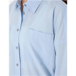 Mavi Oversize Keten Karışımlı Uzun Kollu Gömlek
